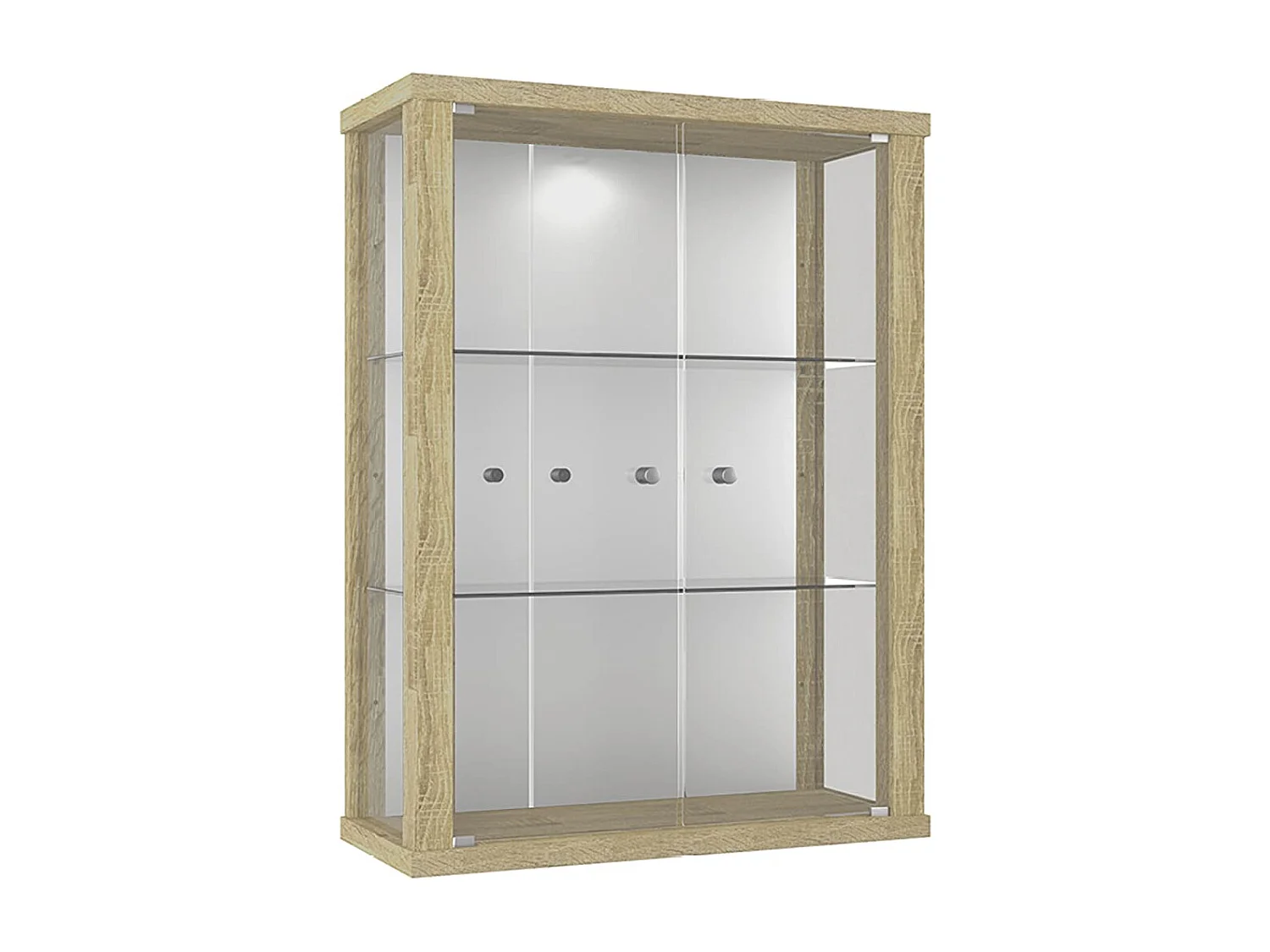 Vitrine murale avec 2 portes, 2 étagères en verre réglables en hauteur & miroir - Avec éclairage LED - 80x60x25 cm - Chêne Sonoma