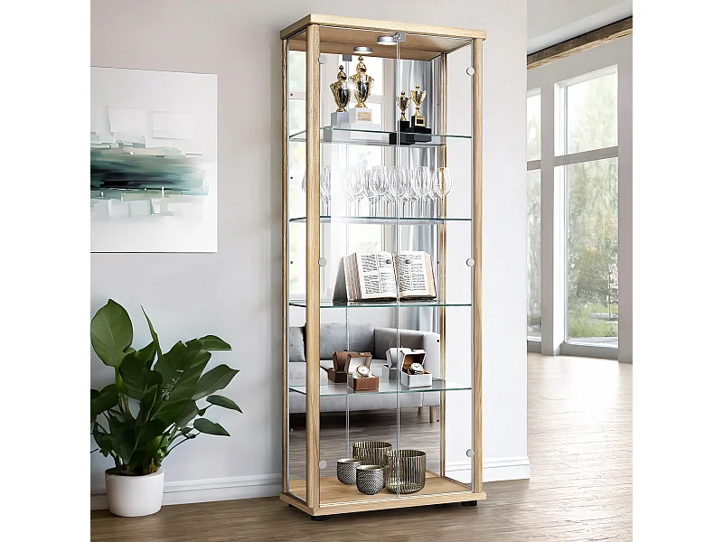 Vitrine sur pied avec 2 portes, 4 étagères en verre réglables en hauteur, miroir & serrure - Avec éclairage LED - 176x67x33 cm - Couleur hêtre