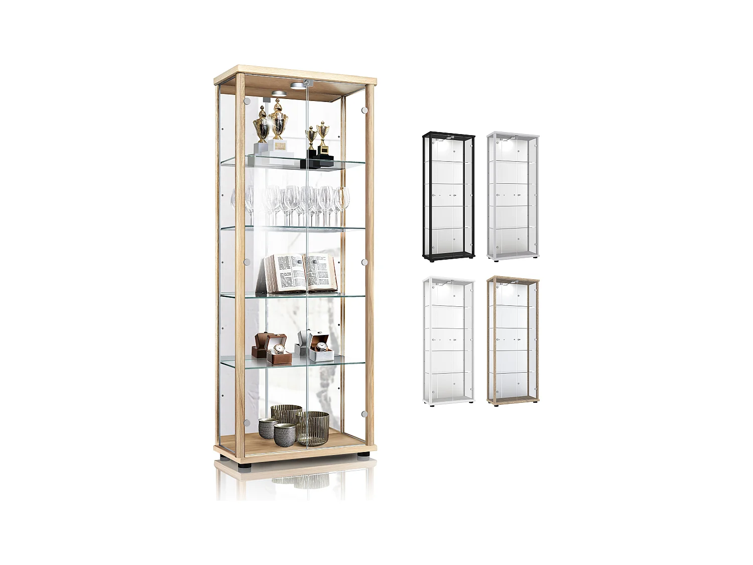 Standvitrine mit 2 Türen, 4 Höhenverstellbaren Glasböden, Spiegel & Schloss - Mit LED-Beleuchtung - 176x67x33 cm - Buchefarben