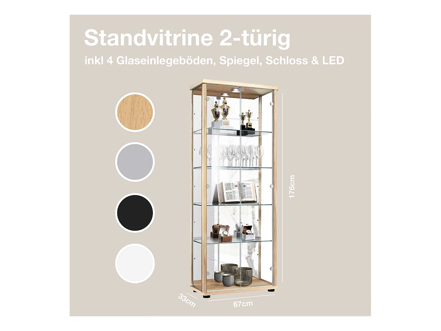 Standvitrine mit 2 Türen, 4 Höhenverstellbaren Glasböden, Spiegel & Schloss - Mit LED-Beleuchtung - 176x67x33 cm - Buchefarben