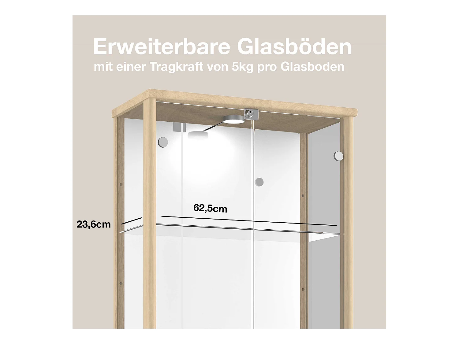 Standvitrine mit 2 Türen, 4 Höhenverstellbaren Glasböden, Spiegel & Schloss - Mit LED-Beleuchtung - 176x67x33 cm - Buchefarben
