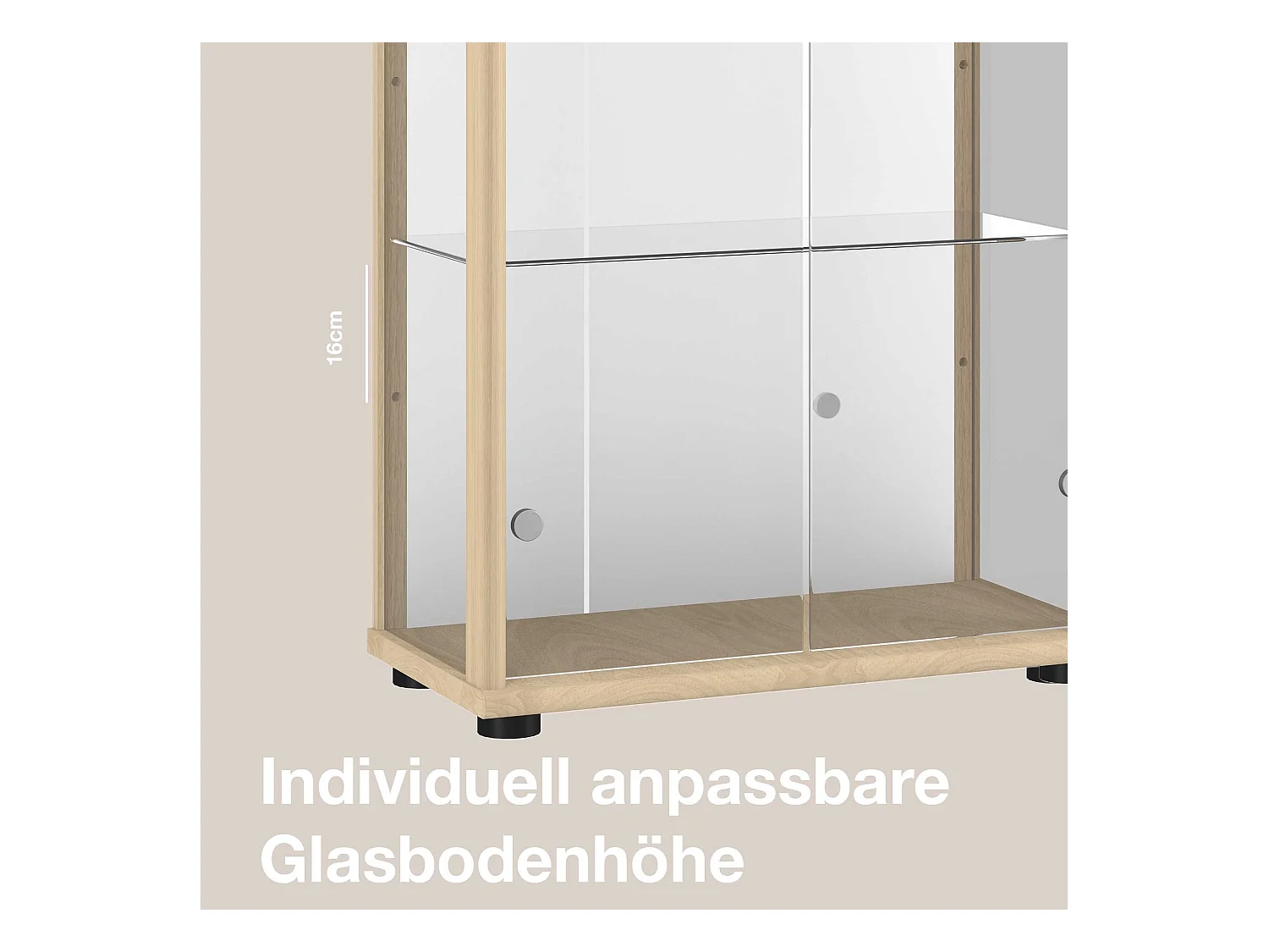 Standvitrine mit 2 Türen, 4 Höhenverstellbaren Glasböden, Spiegel & Schloss - Mit LED-Beleuchtung - 176x67x33 cm - Buchefarben
