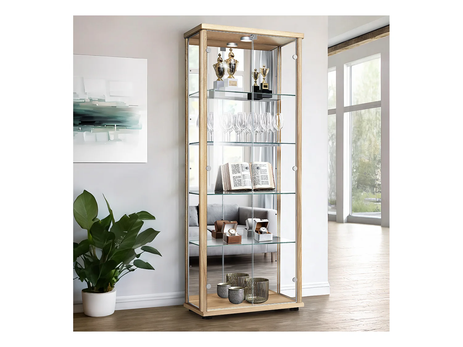 Vitrine sur pied avec 2 portes, 4 étagères en verre réglables en hauteur, miroir & serrure - Avec éclairage LED - 176x67x33 cm - Couleur hêtre