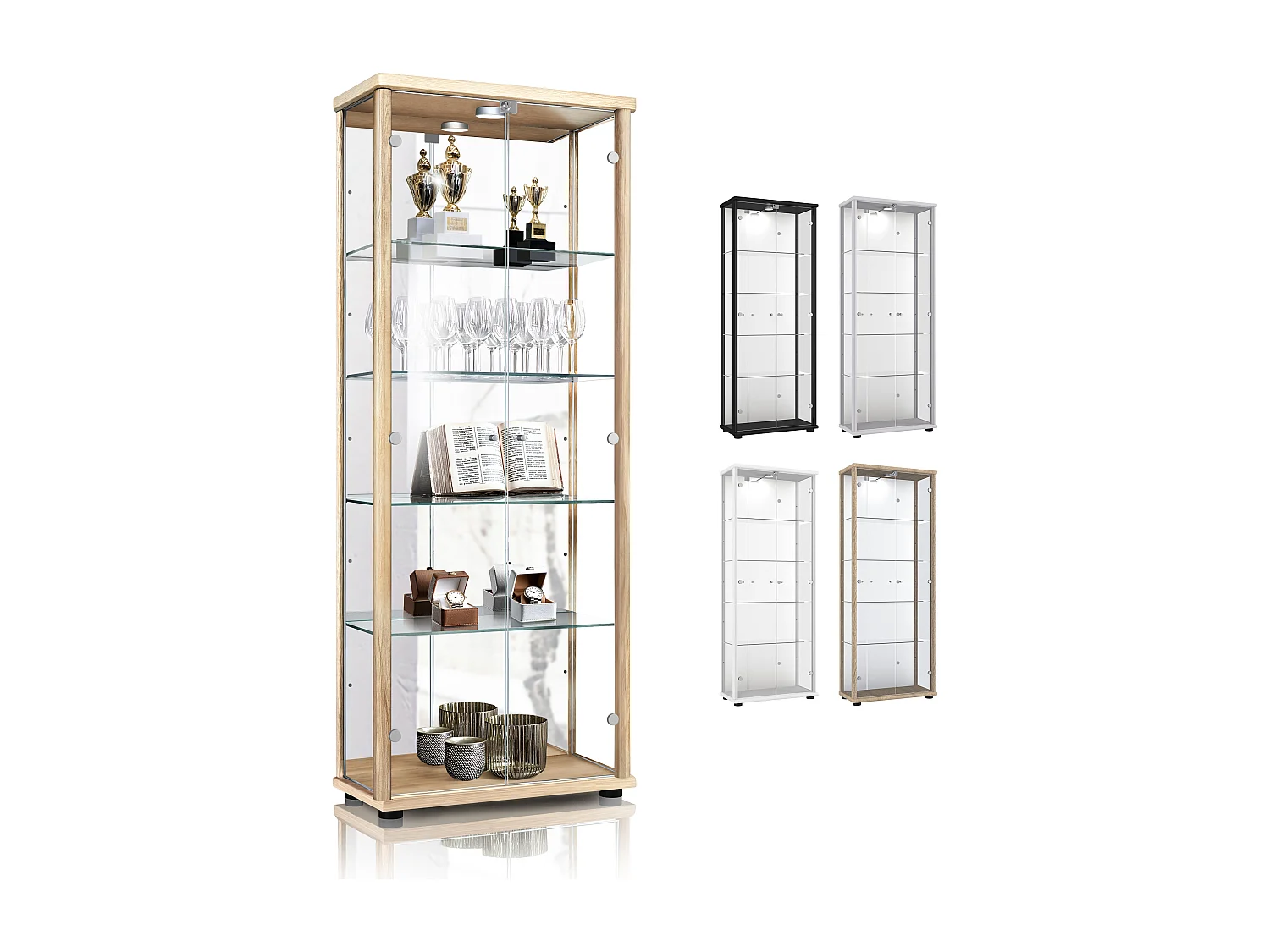 Vitrine sur pied avec 2 portes, 4 étagères en verre réglables en hauteur, miroir & serrure - Avec éclairage LED - 176x67x33 cm - Couleur hêtre