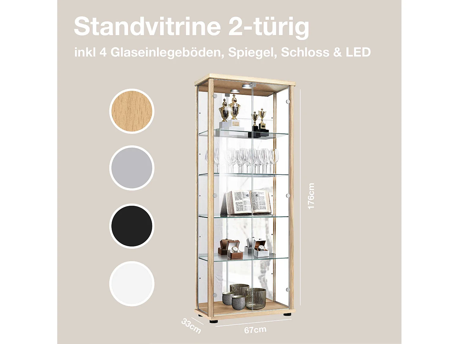 Vitrine sur pied avec 2 portes, 4 étagères en verre réglables en hauteur, miroir & serrure - Avec éclairage LED - 176x67x33 cm - Couleur hêtre