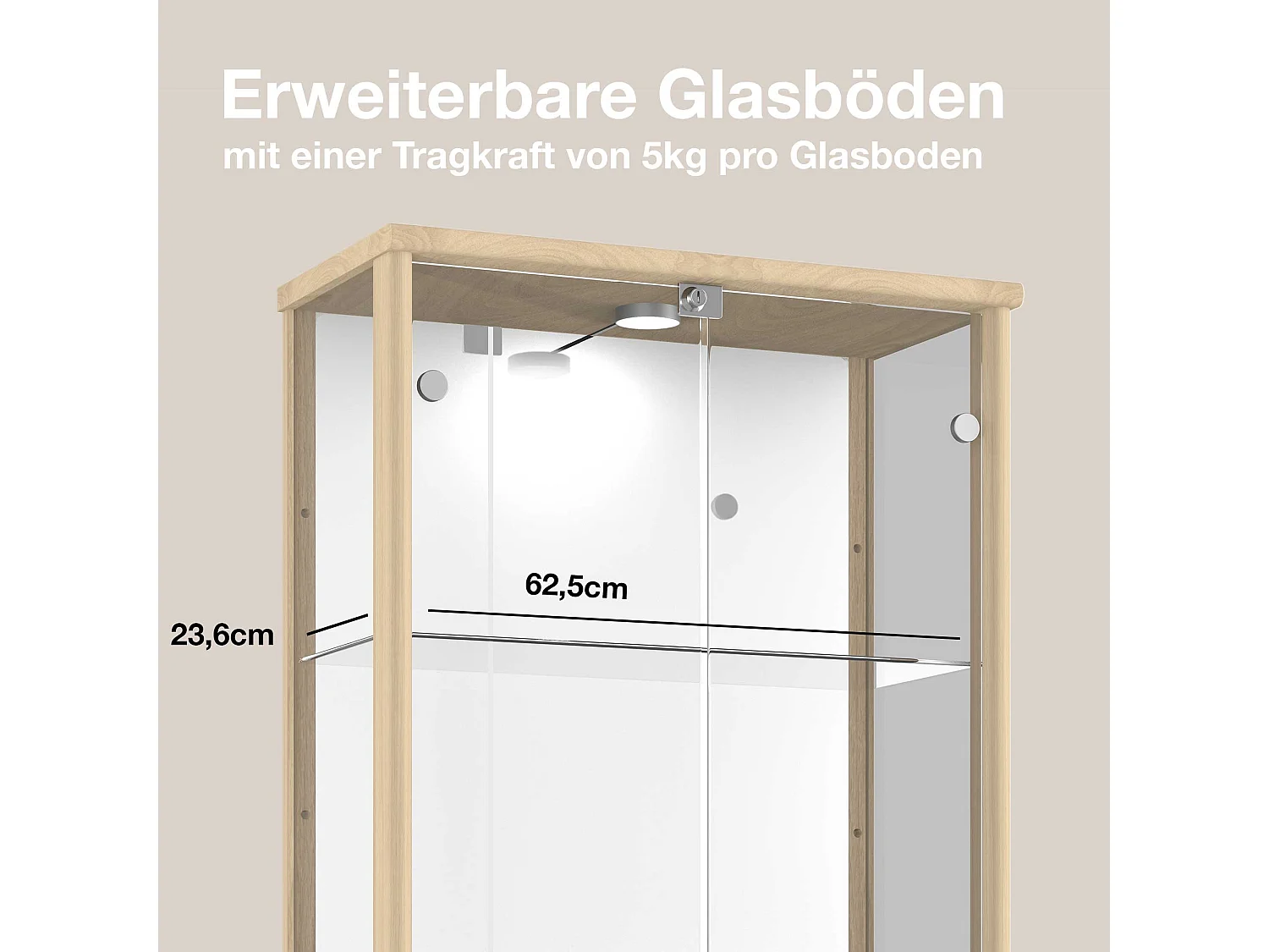 Vitrine sur pied avec 2 portes, 4 étagères en verre réglables en hauteur, miroir & serrure - Avec éclairage LED - 176x67x33 cm - Couleur hêtre