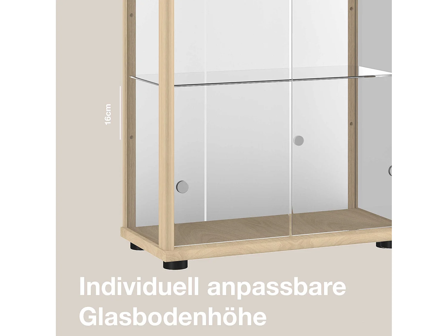 Vitrine sur pied avec 2 portes, 4 étagères en verre réglables en hauteur, miroir & serrure - Avec éclairage LED - 176x67x33 cm - Couleur hêtre