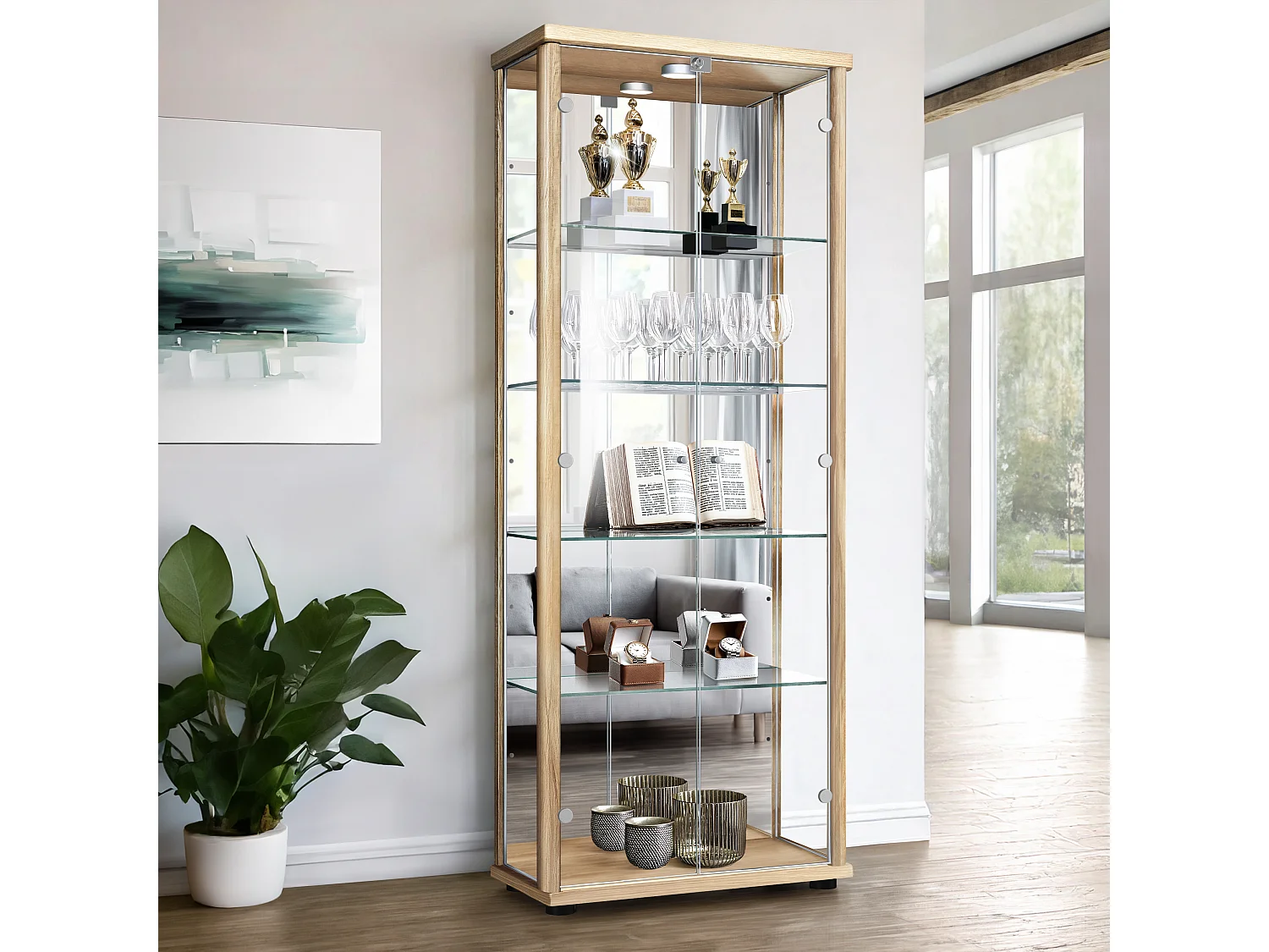 Vitrine sur pied avec 2 portes, 4 étagères en verre réglables en hauteur, miroir & serrure - Avec éclairage LED - 176x67x33 cm - Couleur hêtre