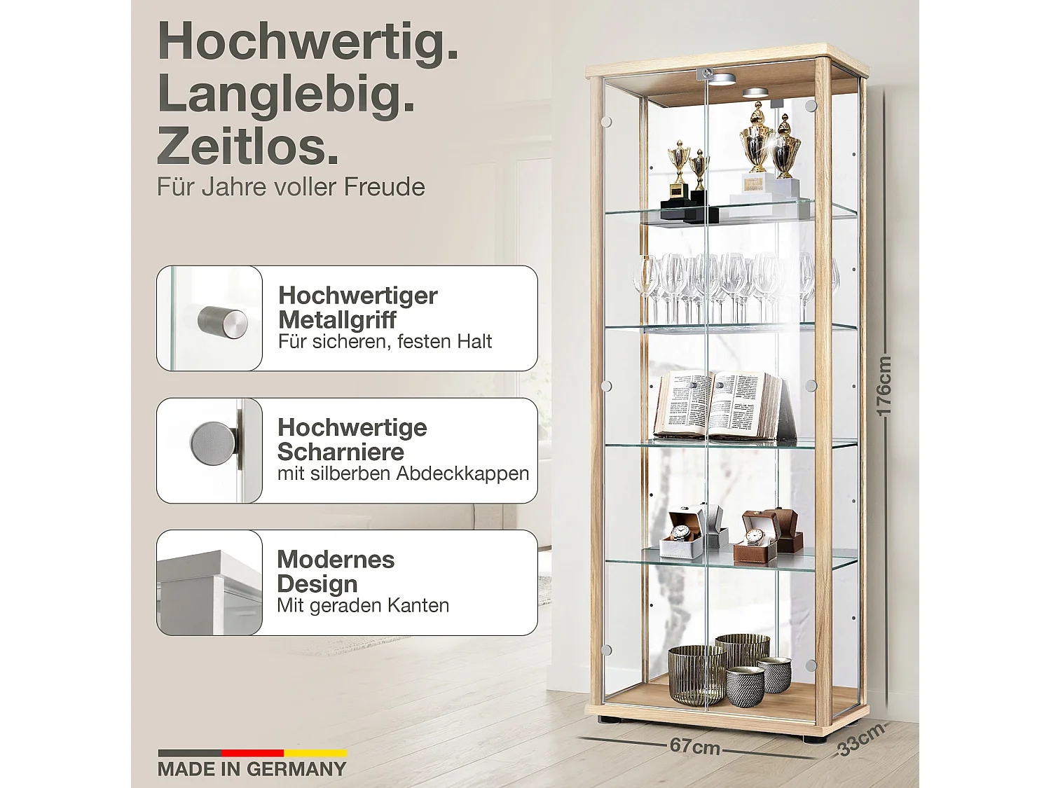 Vitrine sur pied avec 2 portes, 4 étagères en verre réglables en hauteur, miroir & serrure - Avec éclairage LED - 176x67x33 cm - Couleur hêtre