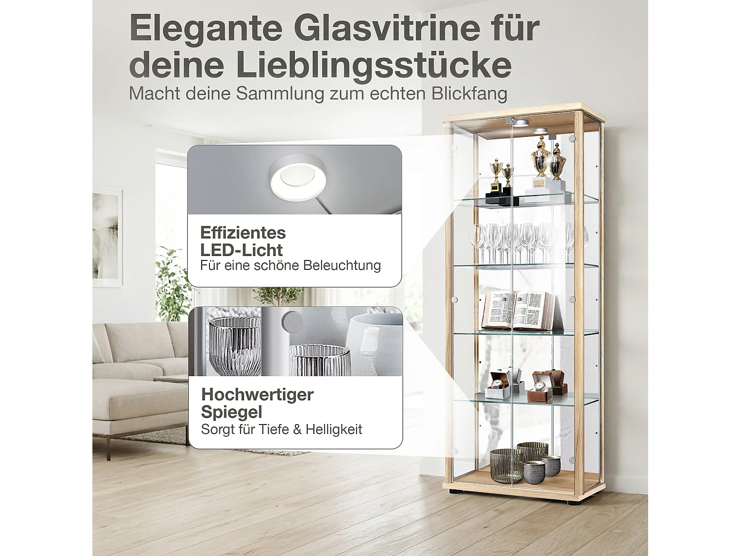 Vitrine sur pied avec 2 portes, 4 étagères en verre réglables en hauteur, miroir & serrure - Avec éclairage LED - 176x67x33 cm - Couleur hêtre