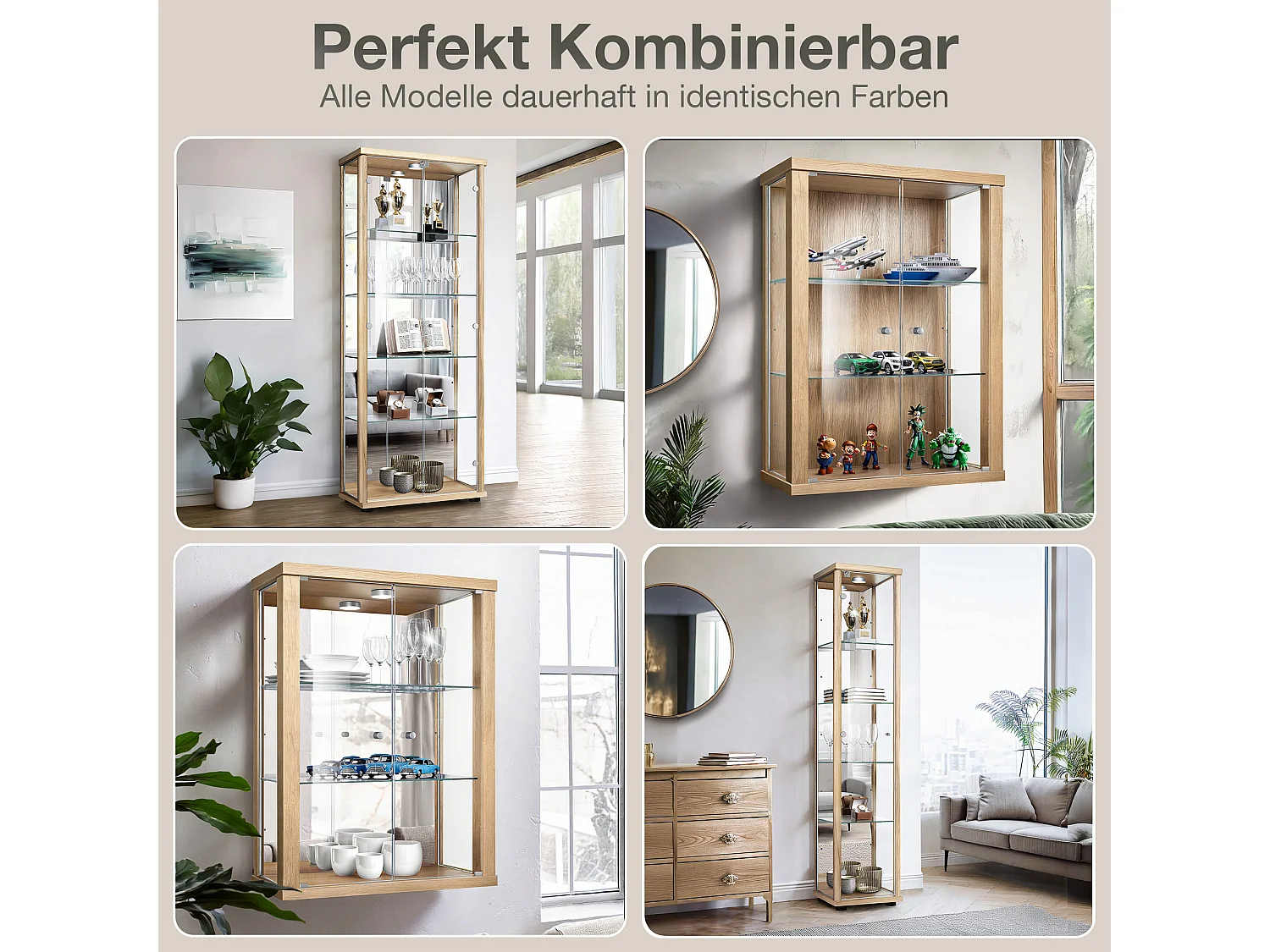Vitrine sur pied avec 2 portes, 4 étagères en verre réglables en hauteur, miroir & serrure - Avec éclairage LED - 176x67x33 cm - Couleur hêtre