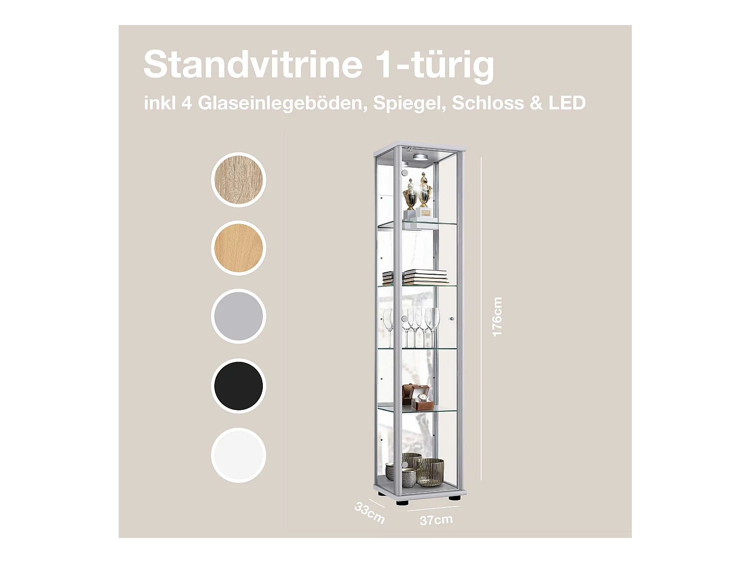 Standvitrine mit 1 Tür, 4 Höhenverstellbaren Glasböden, Spiegel & Schloss - Mit LED-Beleuchtung- 176x37x33 cm - Silberfarben