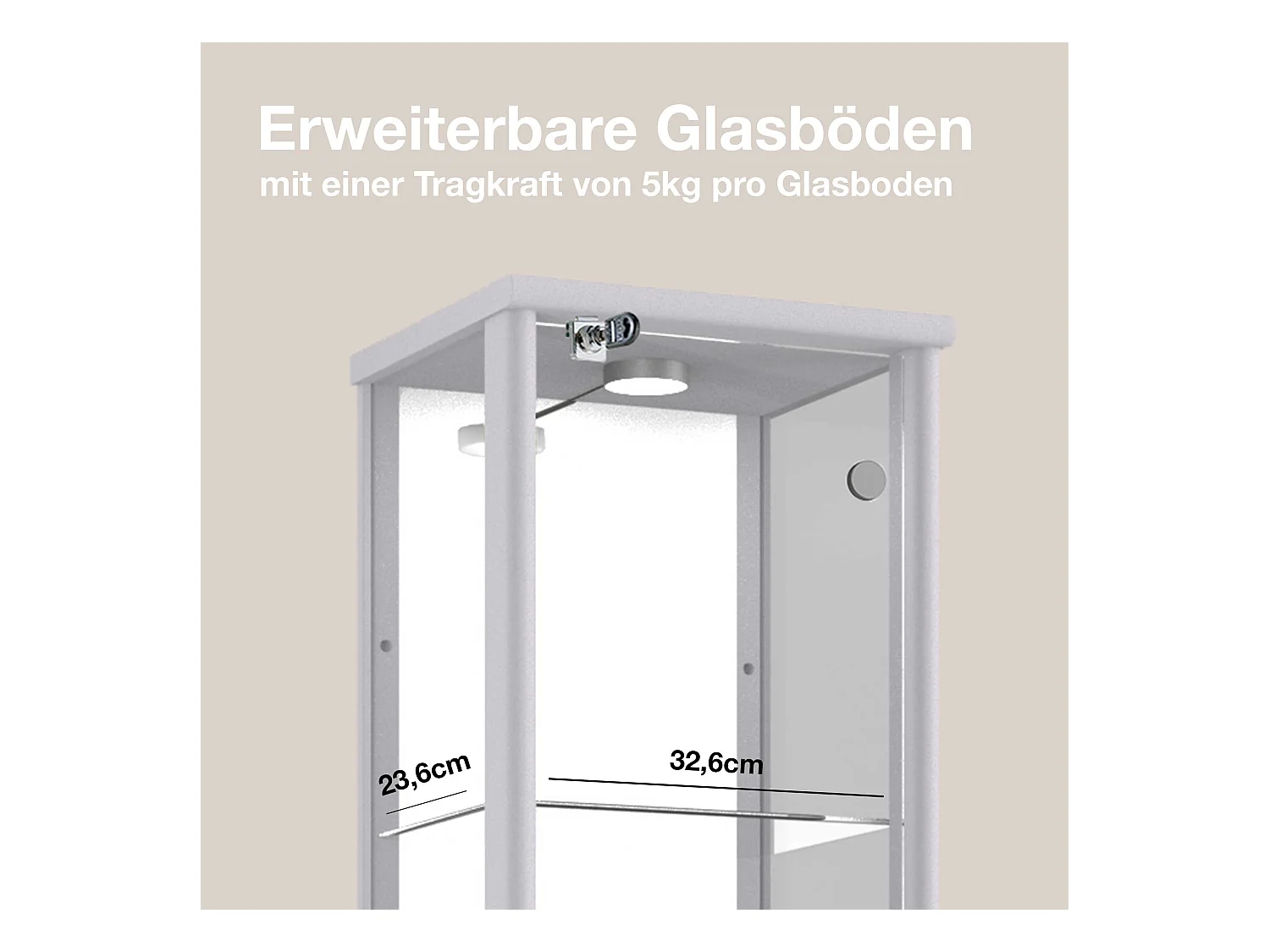 Standvitrine mit 1 Tür, 4 Höhenverstellbaren Glasböden, Spiegel & Schloss - Mit LED-Beleuchtung- 176x37x33 cm - Silberfarben