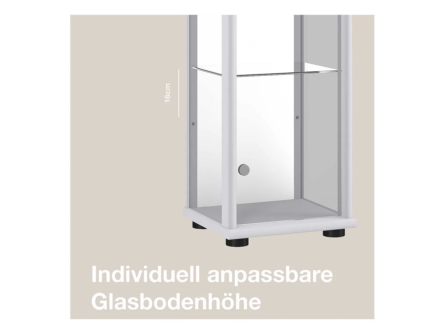 Standvitrine mit 1 Tür, 4 Höhenverstellbaren Glasböden, Spiegel & Schloss - Mit LED-Beleuchtung- 176x37x33 cm - Silberfarben