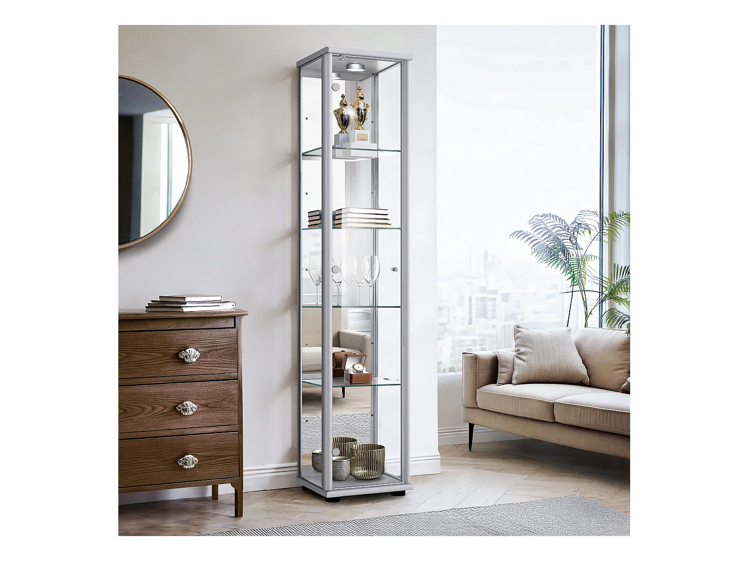 Vitrine sur pied avec 1 porte, 4 étagères en verre réglables en hauteur, miroir & serrure - Avec éclairage LED - 176x37x33 cm - Couleur argentée