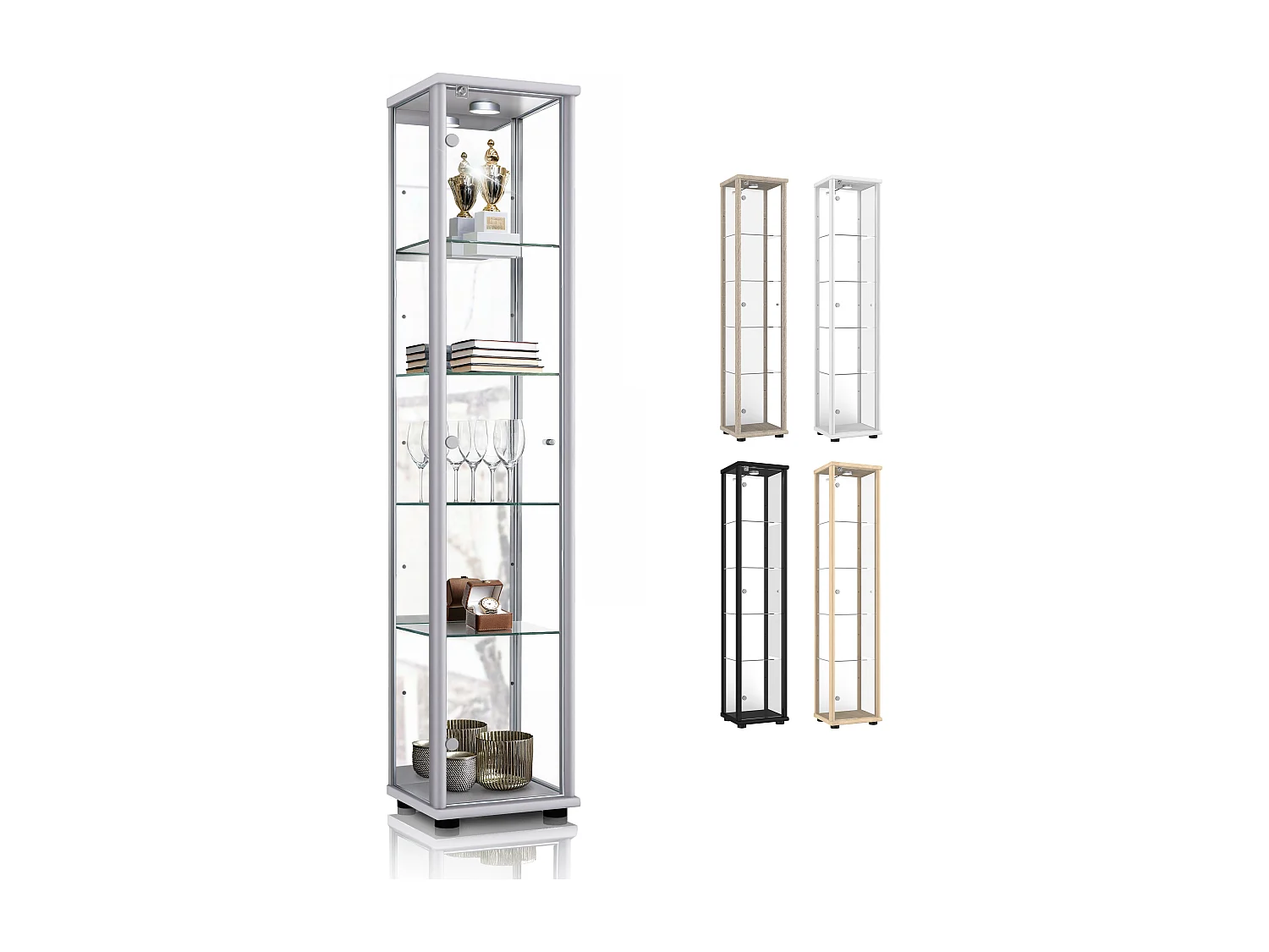 Vitrine sur pied avec 1 porte, 4 étagères en verre réglables en hauteur, miroir & serrure - Avec éclairage LED - 176x37x33 cm - Couleur argentée