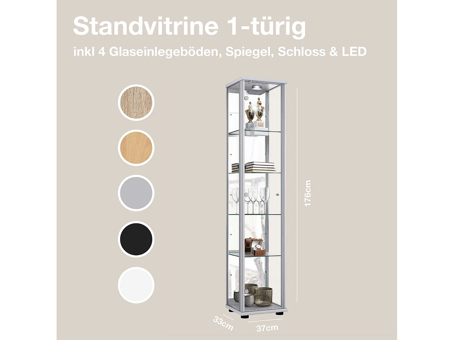 Vitrine sur pied avec 1 porte, 4 étagères en verre réglables en hauteur, miroir & serrure - Avec éclairage LED - 176x37x33 cm - Couleur argentée