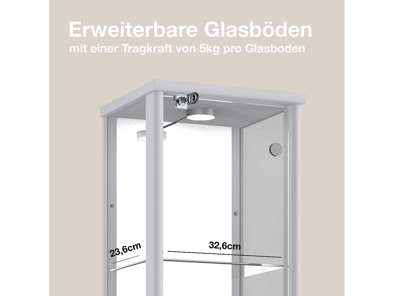 Vitrine sur pied avec 1 porte, 4 étagères en verre réglables en hauteur, miroir & serrure - Avec éclairage LED - 176x37x33 cm - Couleur argentée