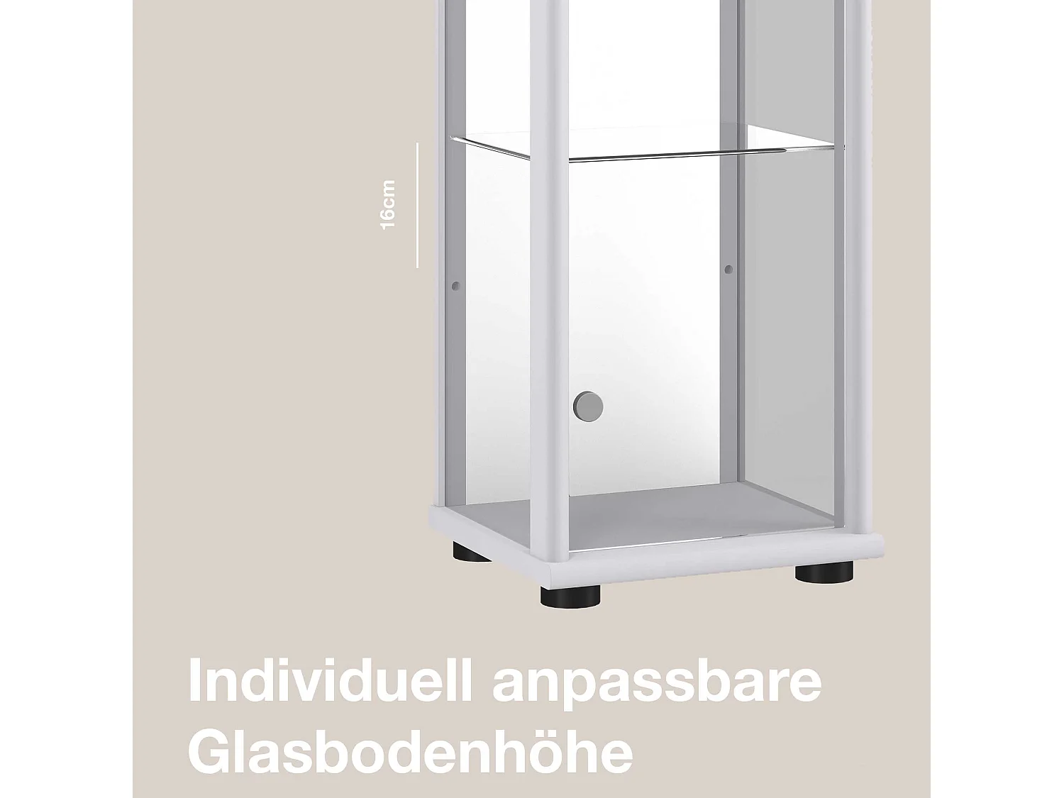 Vitrine sur pied avec 1 porte, 4 étagères en verre réglables en hauteur, miroir & serrure - Avec éclairage LED - 176x37x33 cm - Couleur argentée