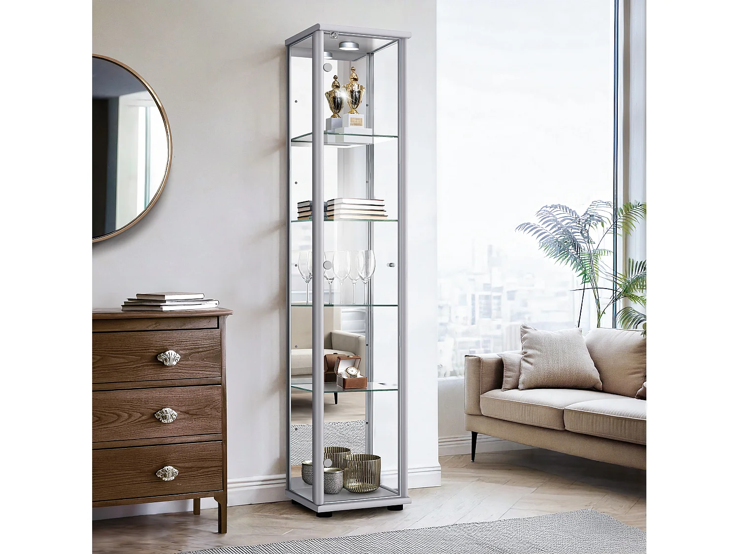 Vitrine sur pied avec 1 porte, 4 étagères en verre réglables en hauteur, miroir & serrure - Avec éclairage LED - 176x37x33 cm - Couleur argentée