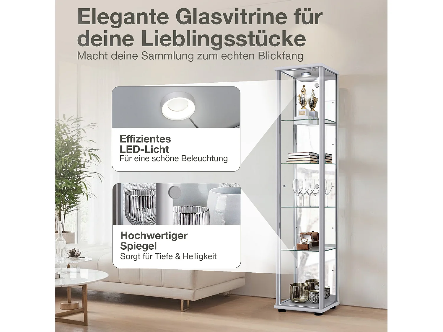 Vitrine sur pied avec 1 porte, 4 étagères en verre réglables en hauteur, miroir & serrure - Avec éclairage LED - 176x37x33 cm - Couleur argentée