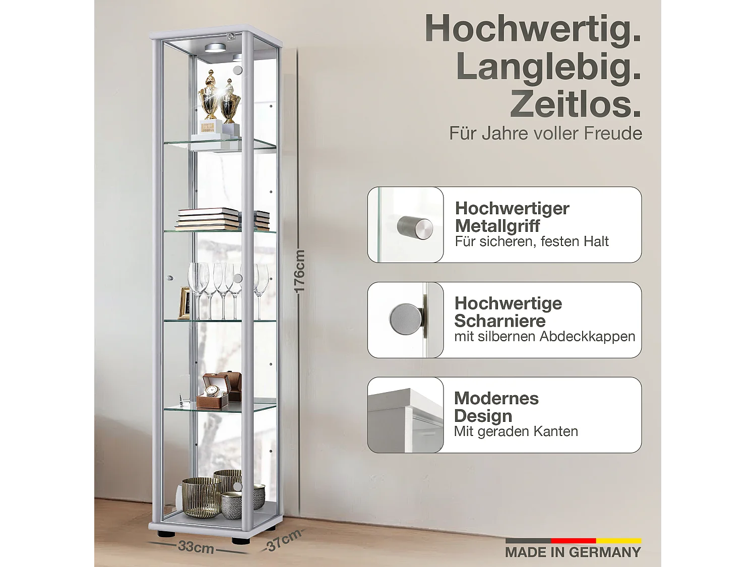 Vitrine sur pied avec 1 porte, 4 étagères en verre réglables en hauteur, miroir & serrure - Avec éclairage LED - 176x37x33 cm - Couleur argentée