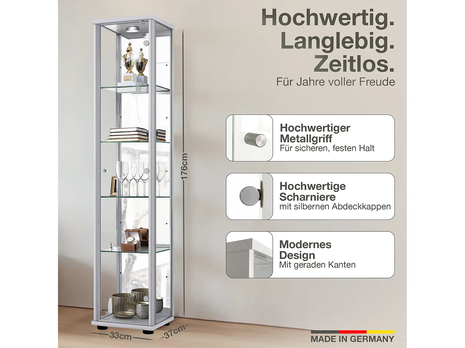 Vitrine sur pied avec 1 porte, 4 étagères en verre réglables en hauteur, miroir & serrure - Avec éclairage LED - 176x37x33 cm - Couleur argentée