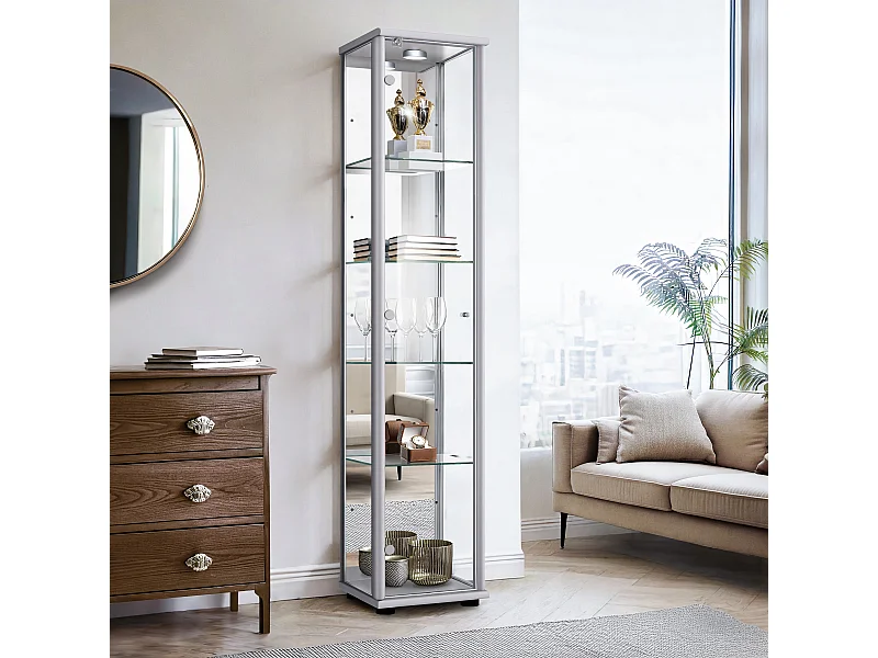 Vitrine sur pied avec 1 porte, 4 étagères en verre réglables en hauteur, miroir & serrure - Avec éclairage LED - 176x37x33 cm - Couleur argentée