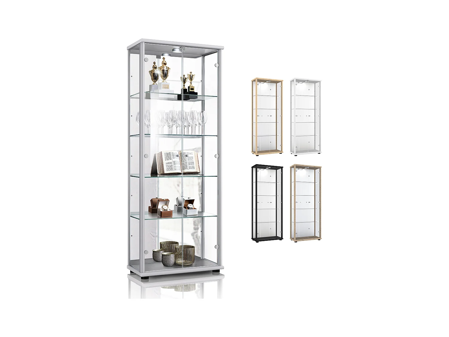 Standvitrine mit 2 Türen, 4 Höhenverstellbaren Glasböden, Spiegel & Schloss - Mit LED-Beleuchtung - 176x67x33 cm - Silberfarben