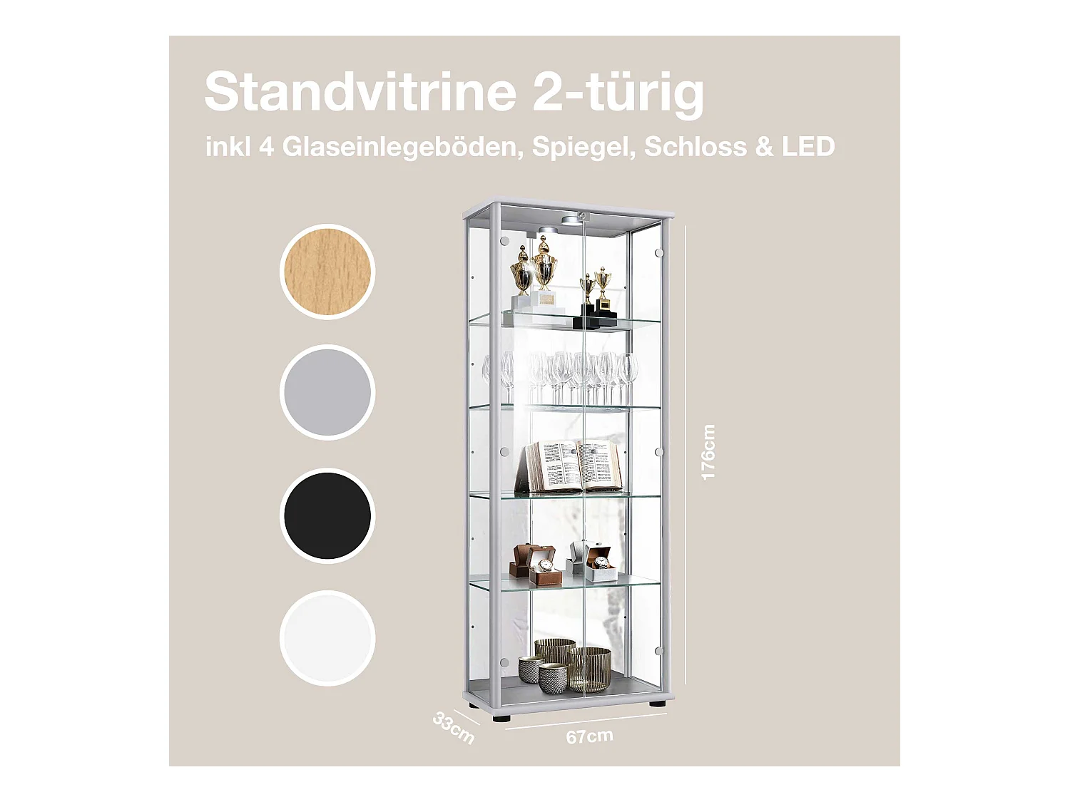 Standvitrine mit 2 Türen, 4 Höhenverstellbaren Glasböden, Spiegel & Schloss - Mit LED-Beleuchtung - 176x67x33 cm - Silberfarben
