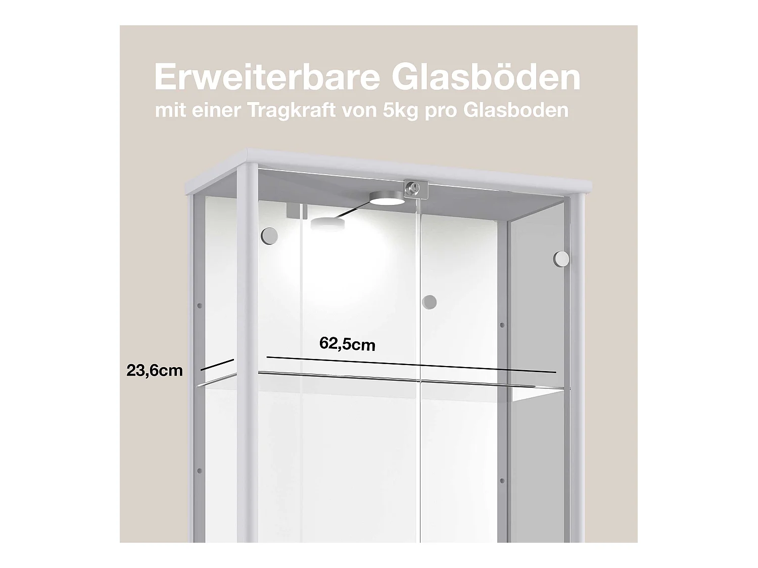 Standvitrine mit 2 Türen, 4 Höhenverstellbaren Glasböden, Spiegel & Schloss - Mit LED-Beleuchtung - 176x67x33 cm - Silberfarben