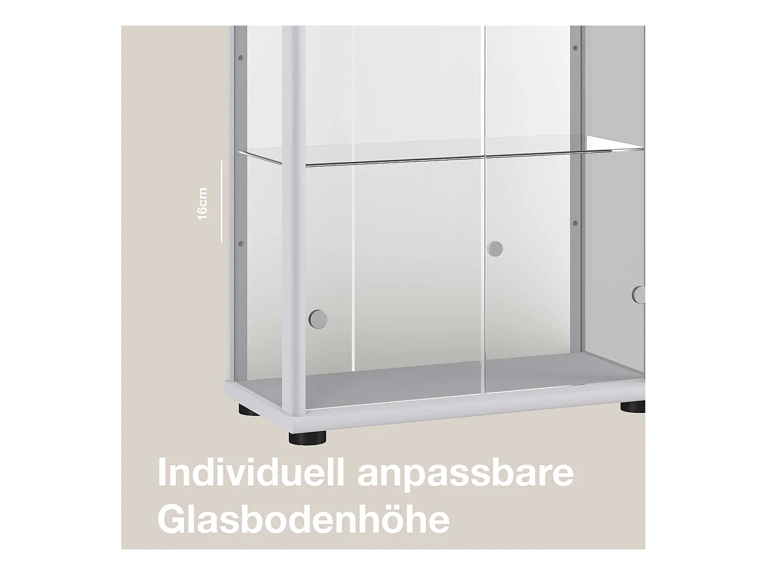 Standvitrine mit 2 Türen, 4 Höhenverstellbaren Glasböden, Spiegel & Schloss - Mit LED-Beleuchtung - 176x67x33 cm - Silberfarben