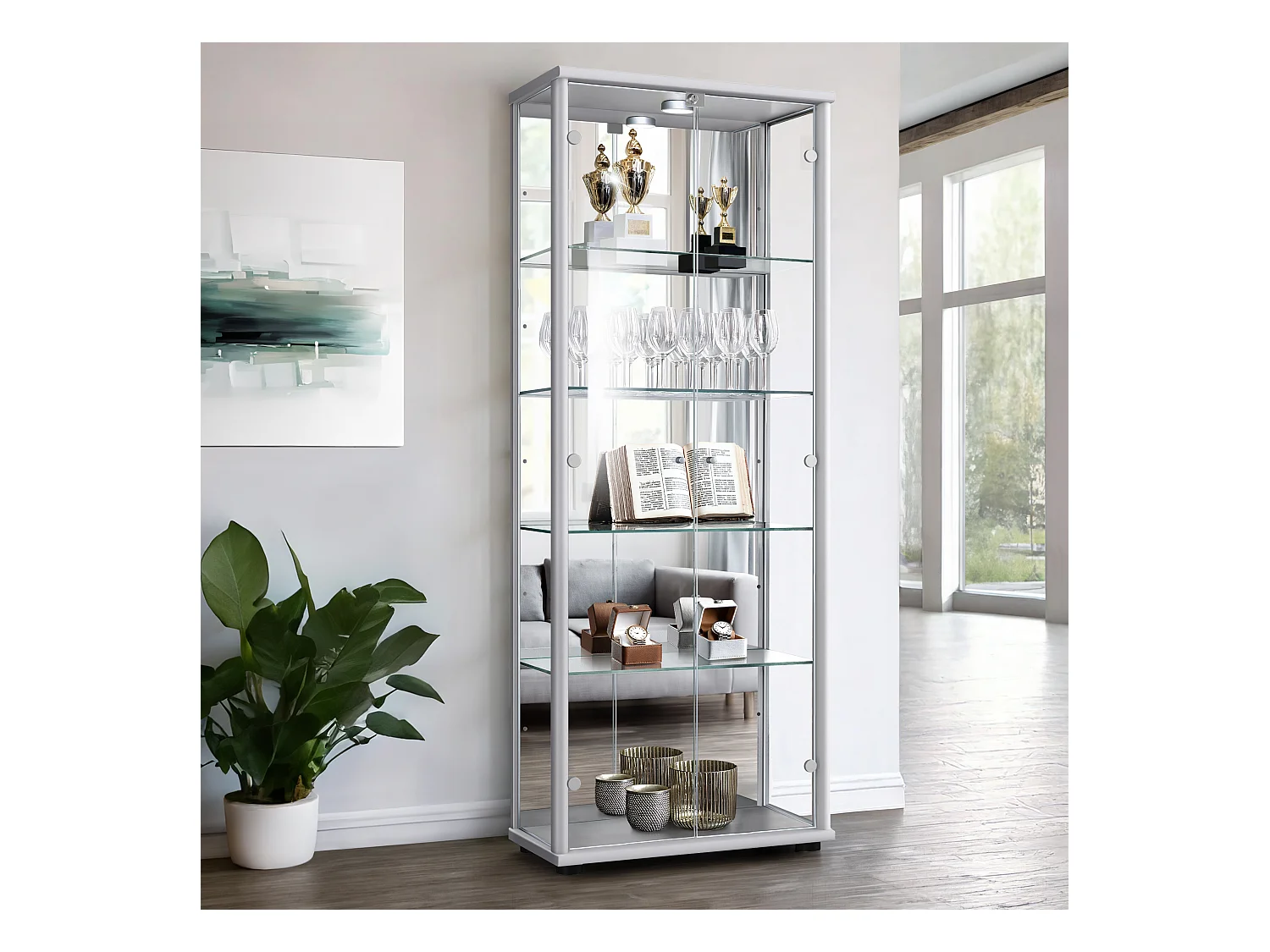 Vitrine sur pied avec 2 portes, 4 étagères en verre réglables en hauteur, miroir & serrure - Avec éclairage LED - 176x67x33 cm - Couleur argentée