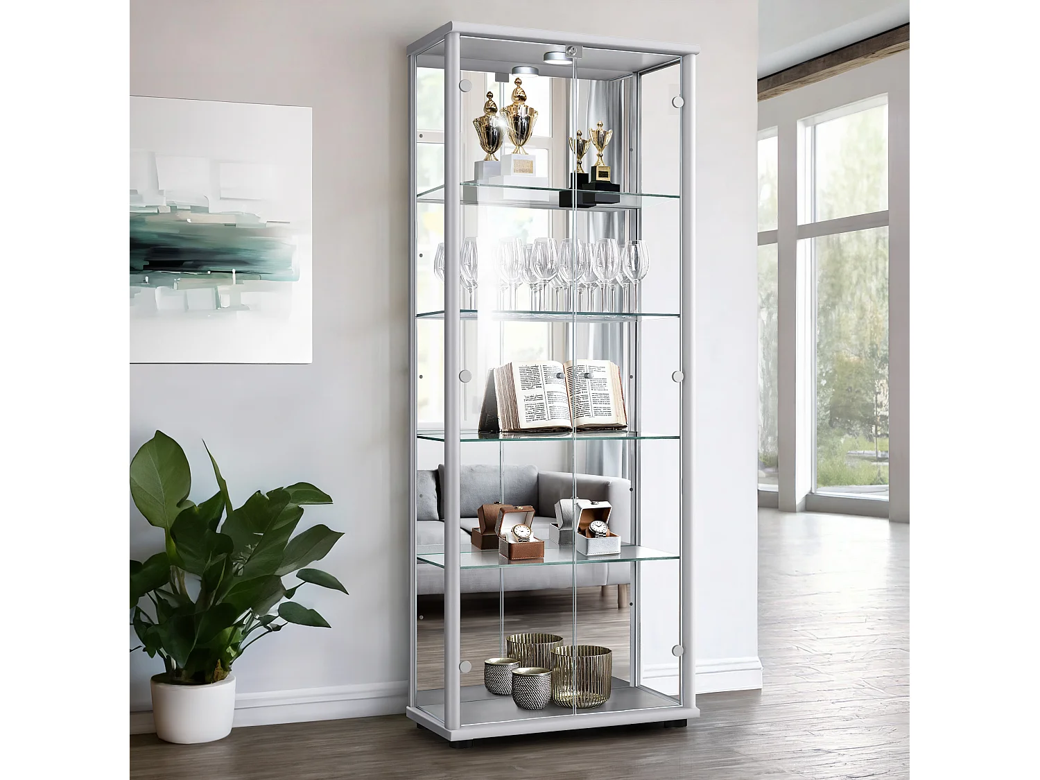 Vitrine sur pied avec 2 portes, 4 étagères en verre réglables en hauteur, miroir & serrure - Avec éclairage LED - 176x67x33 cm - Couleur argentée