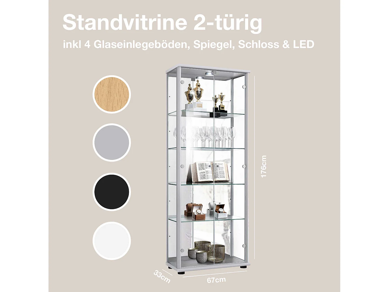 Vitrine sur pied avec 2 portes, 4 étagères en verre réglables en hauteur, miroir & serrure - Avec éclairage LED - 176x67x33 cm - Couleur argentée