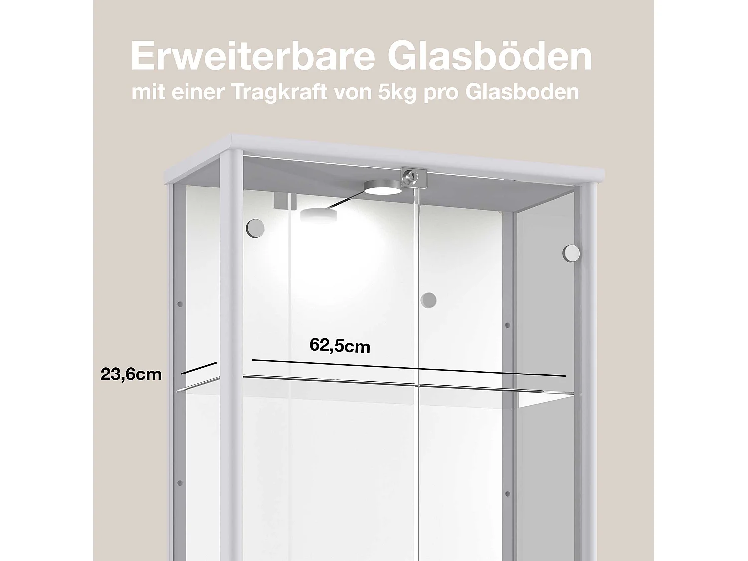 Vitrine sur pied avec 2 portes, 4 étagères en verre réglables en hauteur, miroir & serrure - Avec éclairage LED - 176x67x33 cm - Couleur argentée