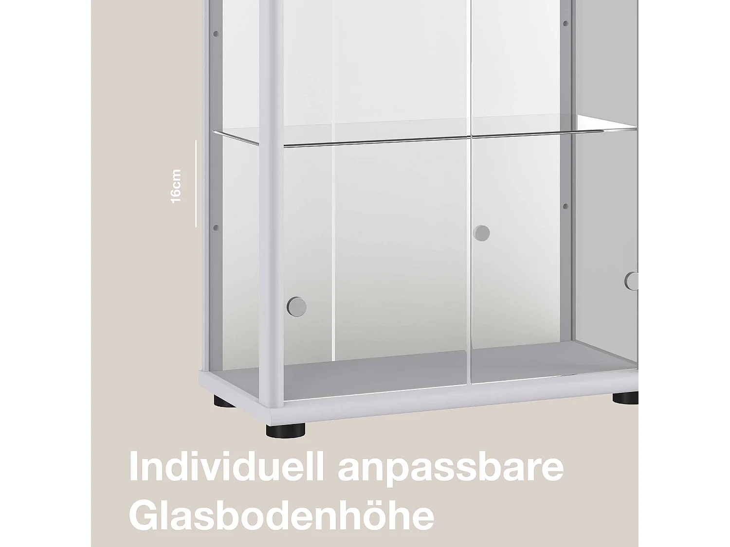 Vitrine sur pied avec 2 portes, 4 étagères en verre réglables en hauteur, miroir & serrure - Avec éclairage LED - 176x67x33 cm - Couleur argentée