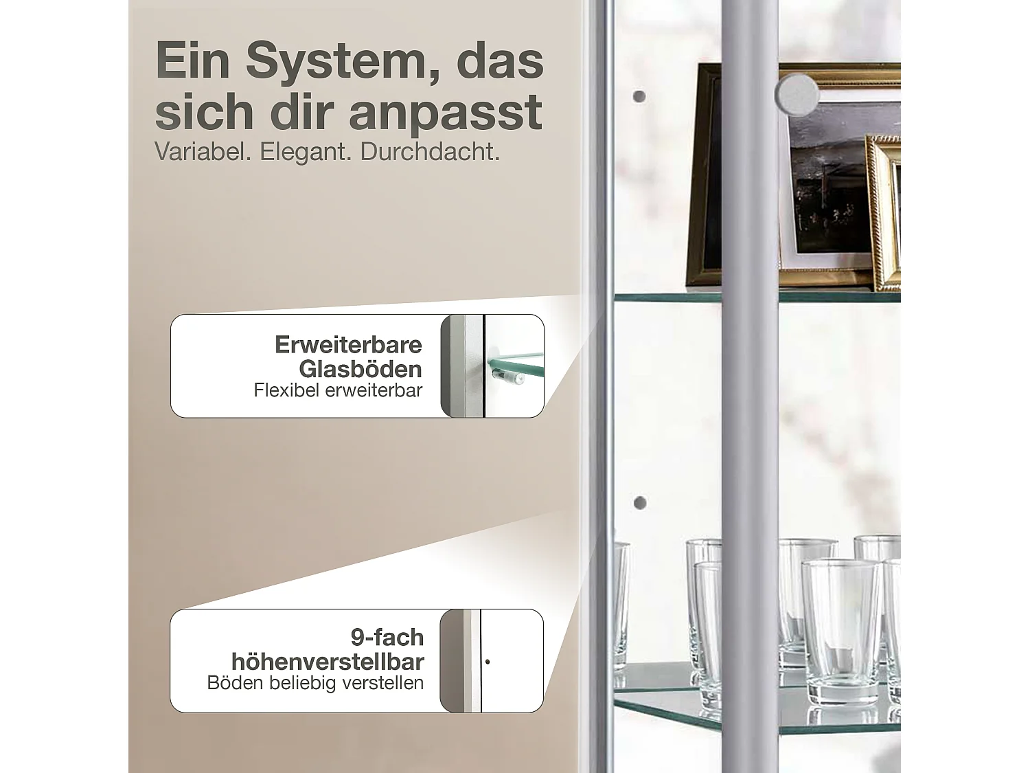 Standvitrine mit 2 Türen, 4 Höhenverstellbaren Glasböden, Spiegel & Schloss - Mit LED-Beleuchtung - 176x67x33 cm - Silberfarben