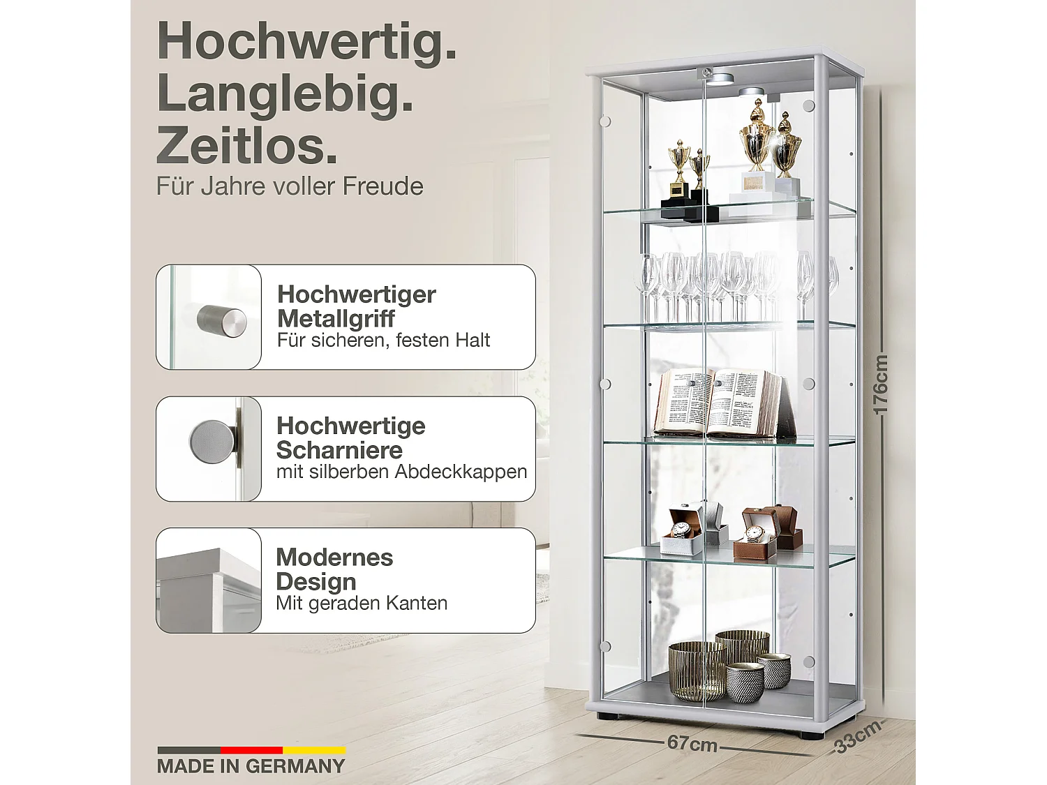 Vitrine sur pied avec 2 portes, 4 étagères en verre réglables en hauteur, miroir & serrure - Avec éclairage LED - 176x67x33 cm - Couleur argentée