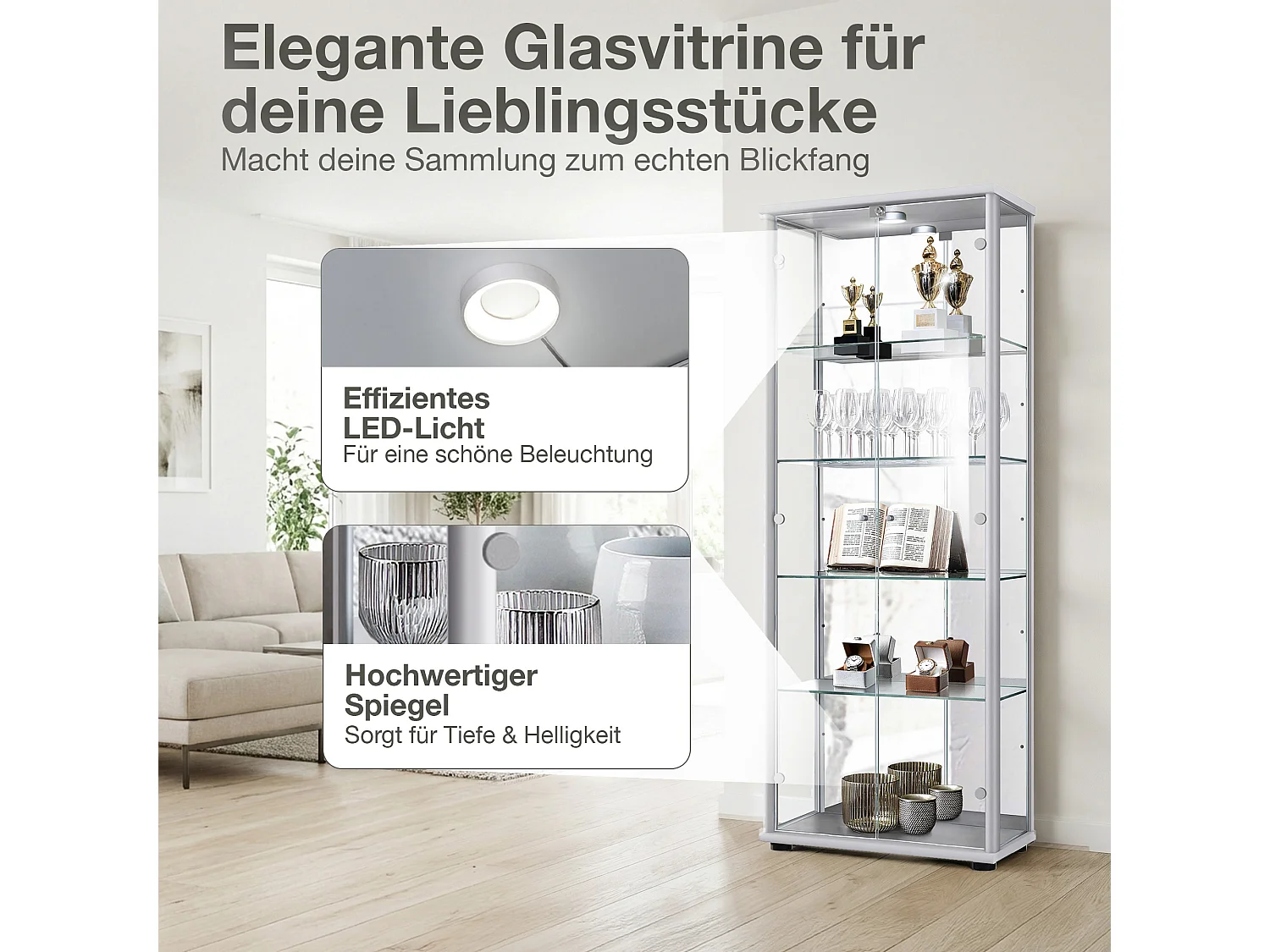 Vitrine sur pied avec 2 portes, 4 étagères en verre réglables en hauteur, miroir & serrure - Avec éclairage LED - 176x67x33 cm - Couleur argentée
