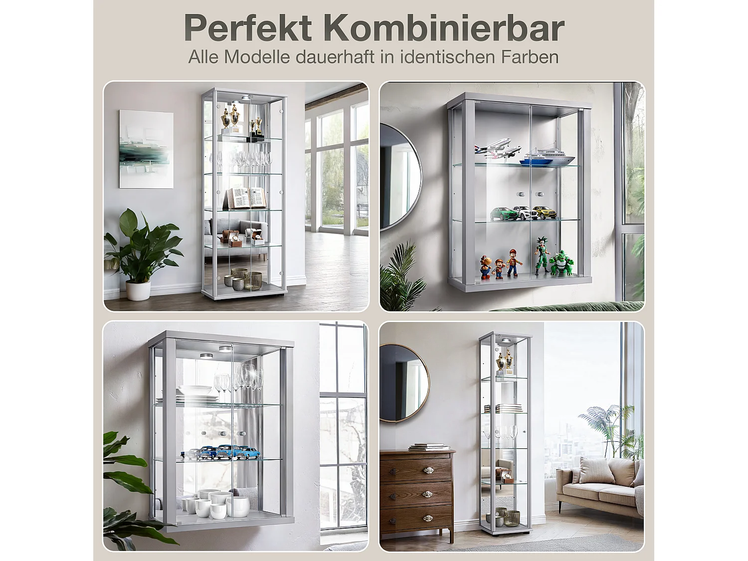 Vitrine sur pied avec 2 portes, 4 étagères en verre réglables en hauteur, miroir & serrure - Avec éclairage LED - 176x67x33 cm - Couleur argentée