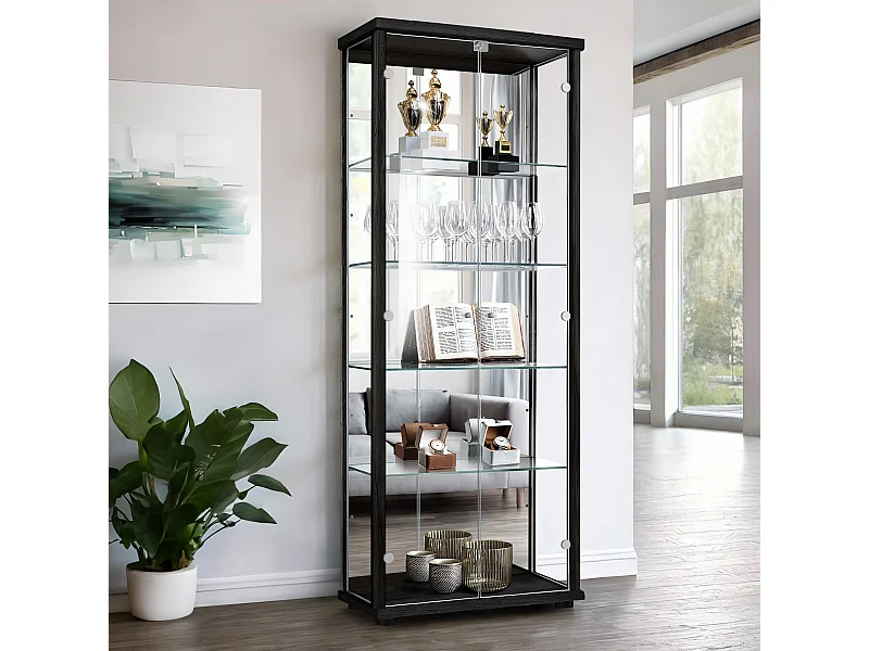 Vitrine sur pied avec 2 portes, 4 étagères en verre réglables en hauteur, miroir & serrure - Avec éclairage LED - 176x67x33 cm - Noir