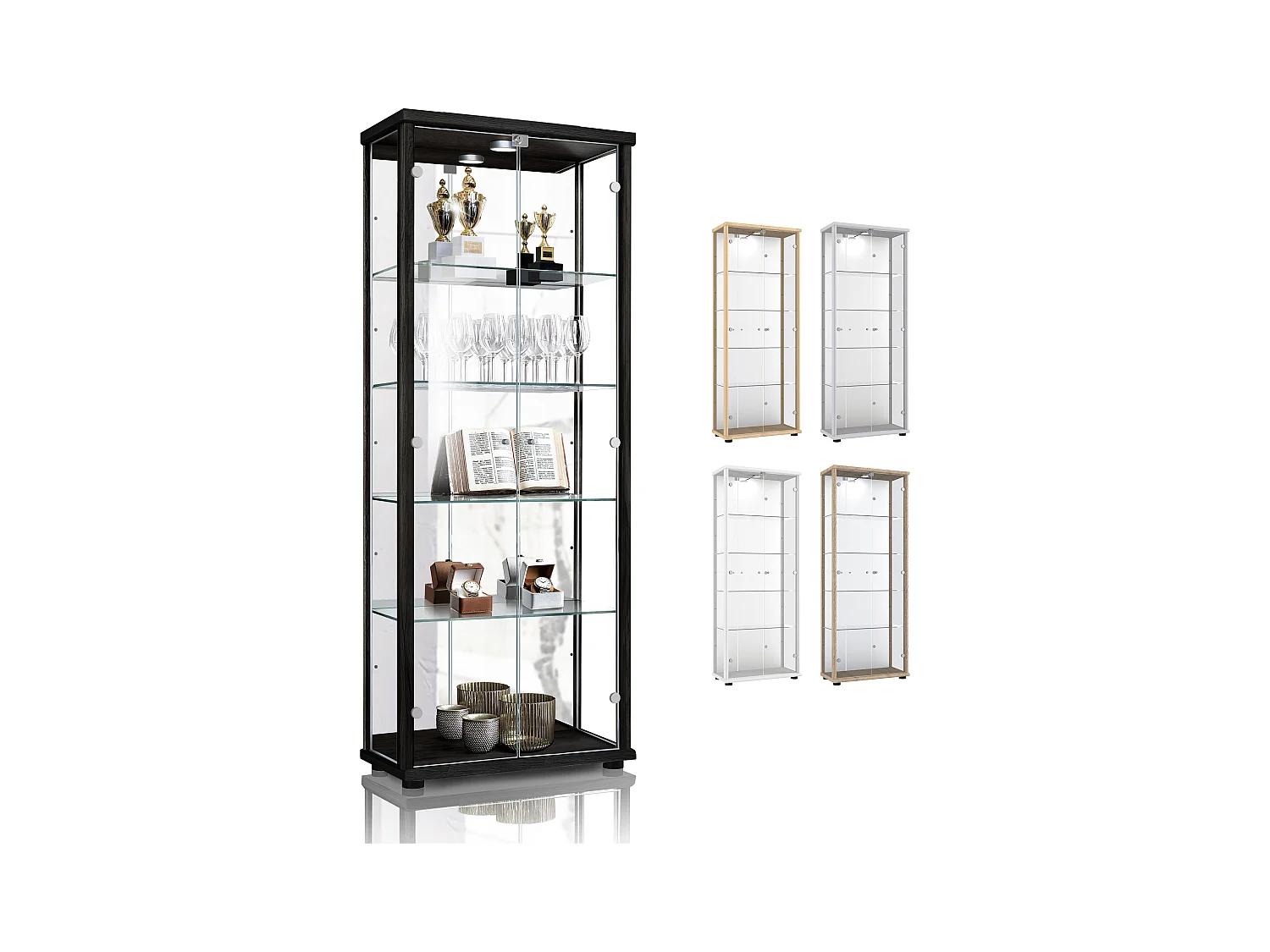 Standvitrine mit 2 Türen, 4 Höhenverstellbaren Glasböden, Spiegel & Schloss - Mit LED-Beleuchtung - 176x67x33 cm - Schwarz