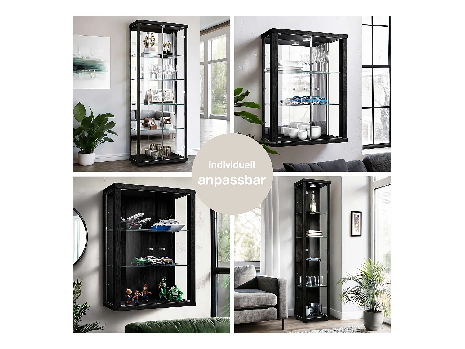 Standvitrine mit 2 Türen, 4 Höhenverstellbaren Glasböden, Spiegel & Schloss - Mit LED-Beleuchtung - 176x67x33 cm - Schwarz