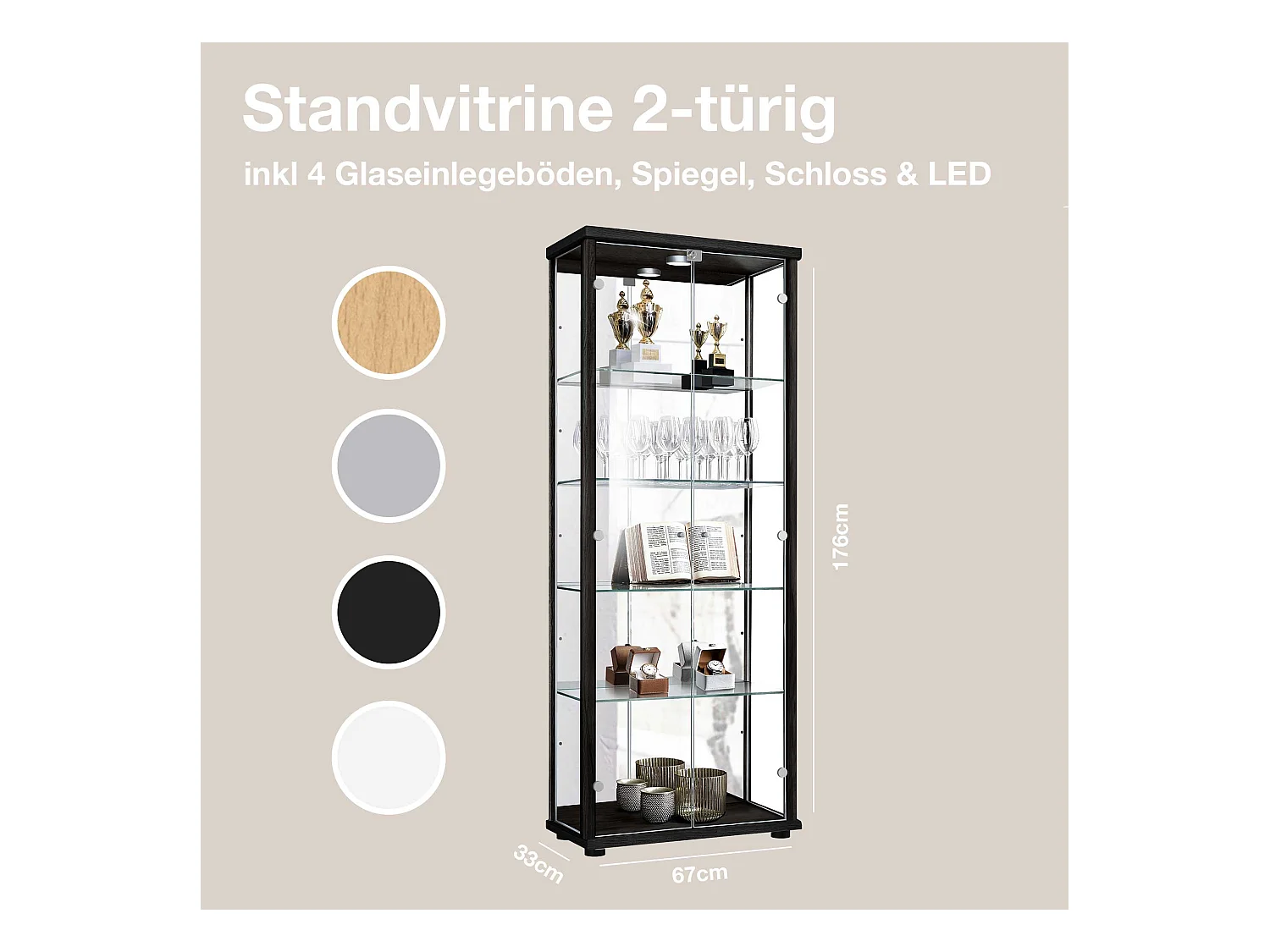 Standvitrine mit 2 Türen, 4 Höhenverstellbaren Glasböden, Spiegel & Schloss - Mit LED-Beleuchtung - 176x67x33 cm - Schwarz
