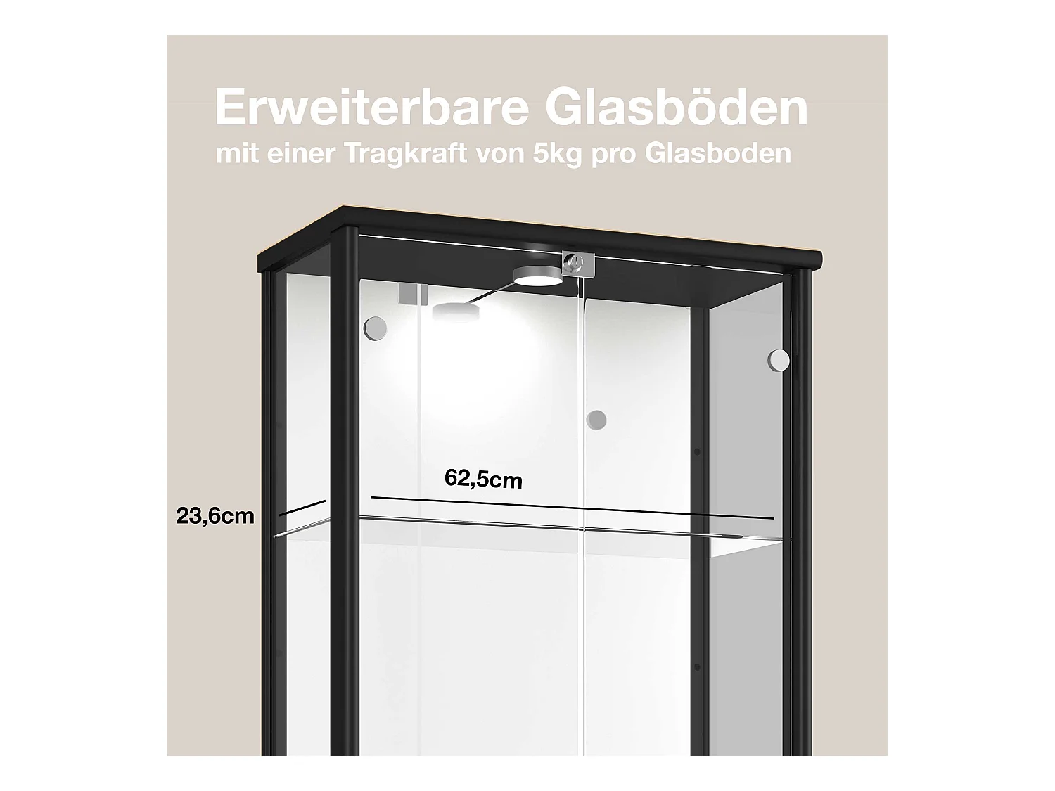 Standvitrine mit 2 Türen, 4 Höhenverstellbaren Glasböden, Spiegel & Schloss - Mit LED-Beleuchtung - 176x67x33 cm - Schwarz