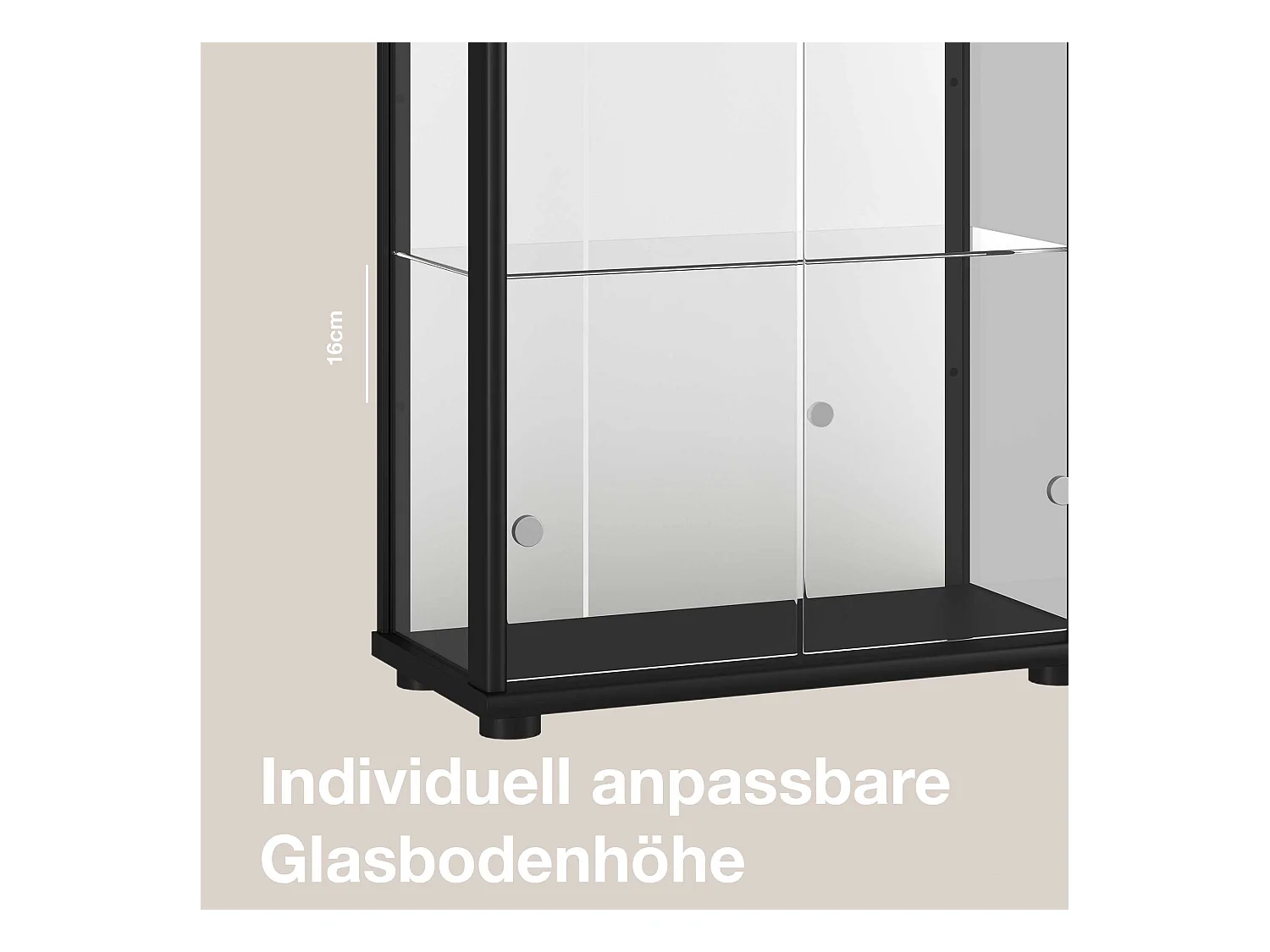 Standvitrine mit 2 Türen, 4 Höhenverstellbaren Glasböden, Spiegel & Schloss - Mit LED-Beleuchtung - 176x67x33 cm - Schwarz