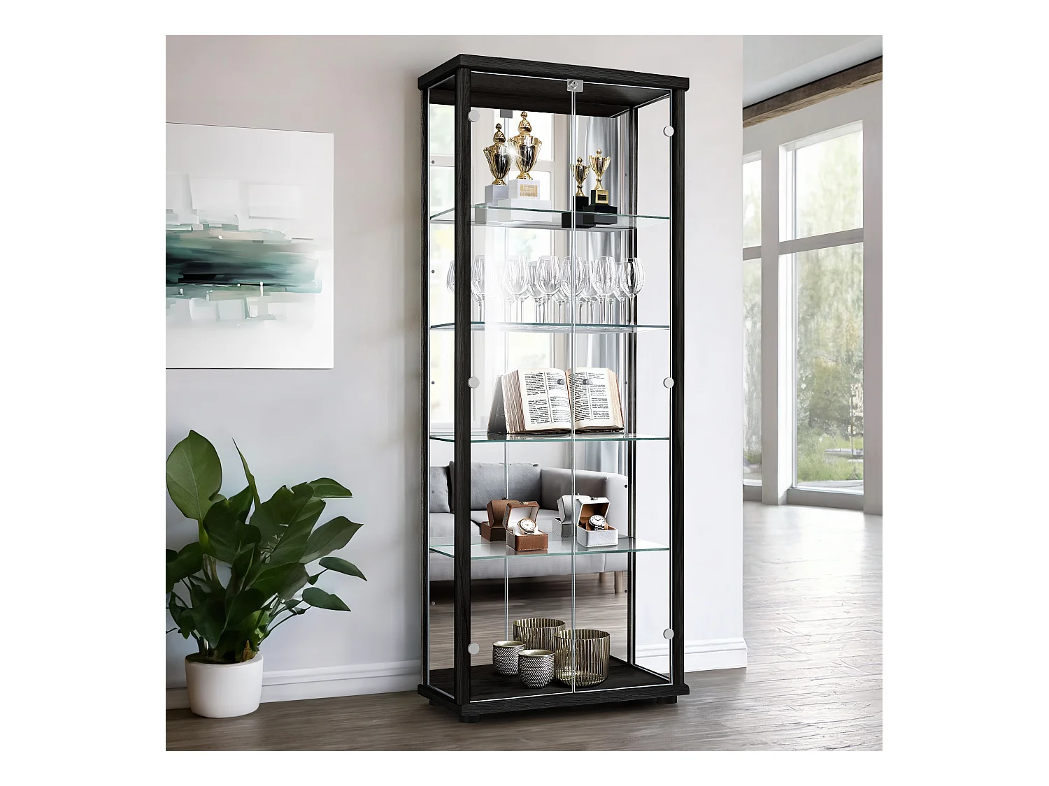 Vitrine sur pied avec 2 portes, 4 étagères en verre réglables en hauteur, miroir & serrure - Avec éclairage LED - 176x67x33 cm - Noir