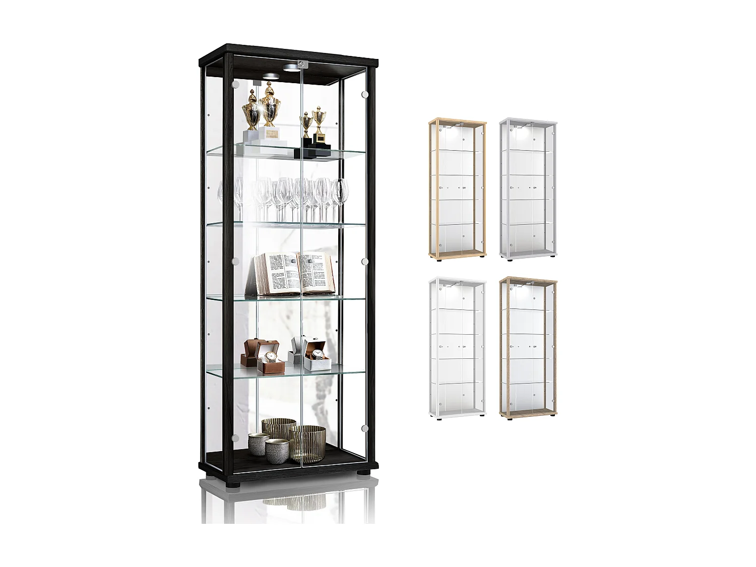 Vitrine sur pied avec 2 portes, 4 étagères en verre réglables en hauteur, miroir & serrure - Avec éclairage LED - 176x67x33 cm - Noir