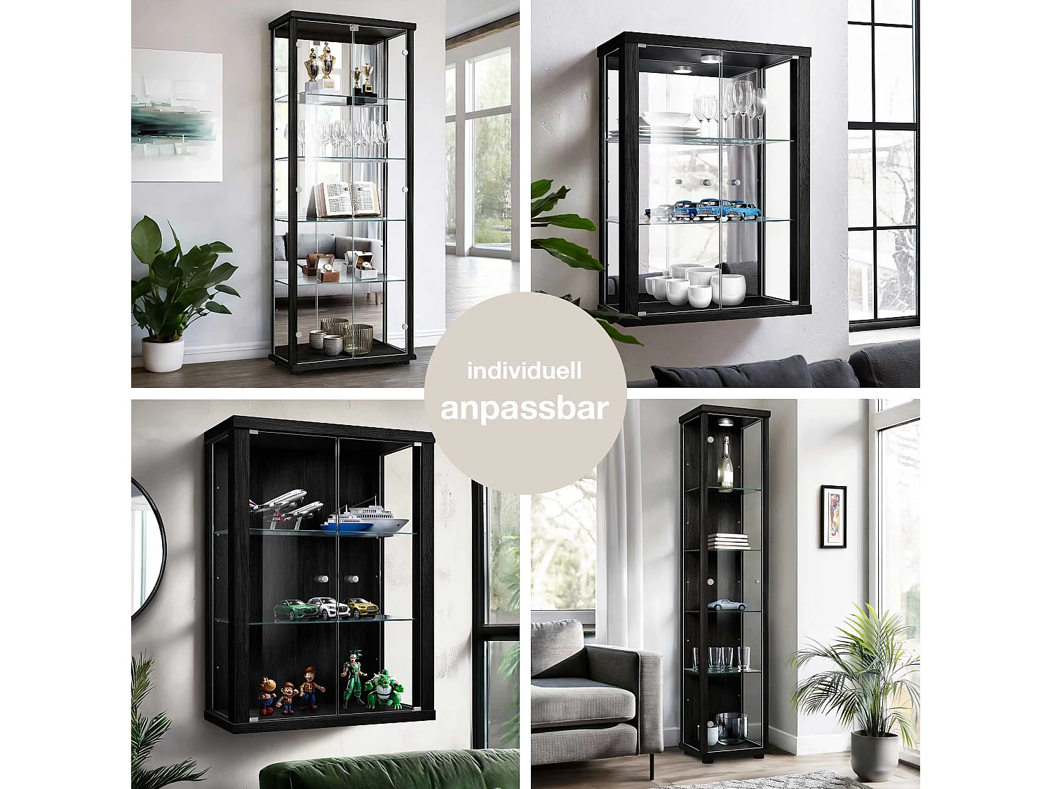 Vitrine sur pied avec 2 portes, 4 étagères en verre réglables en hauteur, miroir & serrure - Avec éclairage LED - 176x67x33 cm - Noir